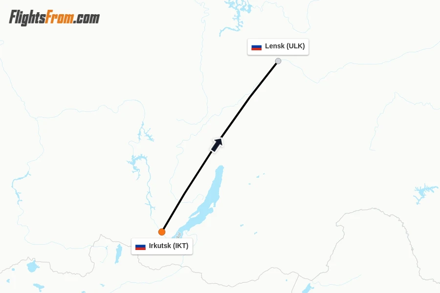 Flights from Irkutsk to Lensk route map