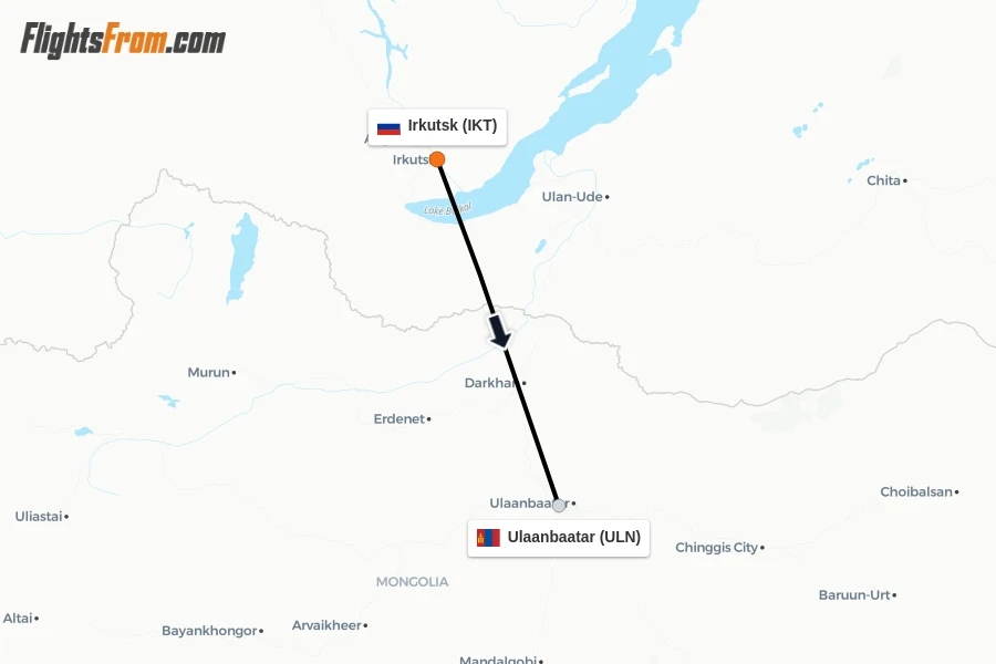 Flights from Irkutsk to Ulaanbaatar route map