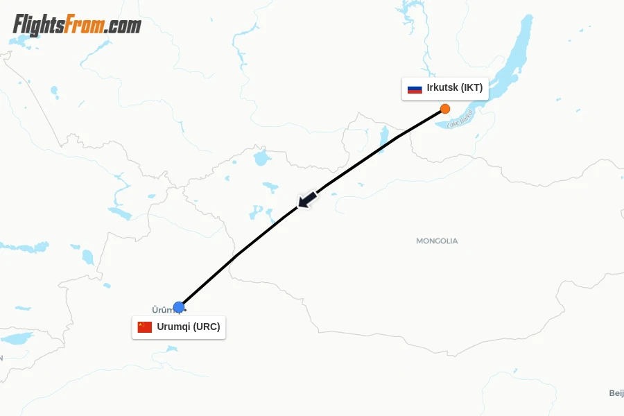 Flights from Irkutsk to Urumqi route map