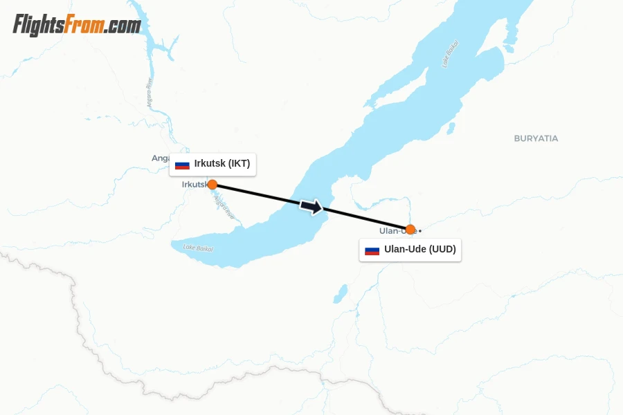 Flights from Irkutsk to Ulan-Ude route map