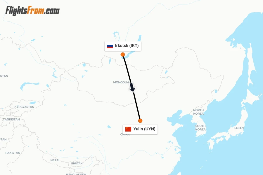 Flights from Irkutsk to Yulin route map