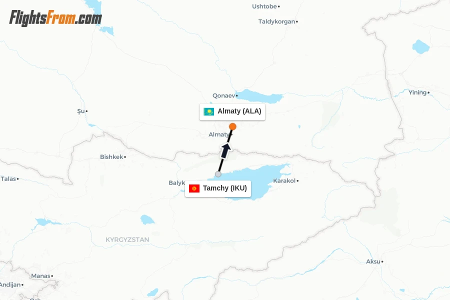 Flights from Tamchy to Almaty route map
