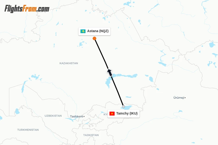 Flights from Tamchy to Astana route map