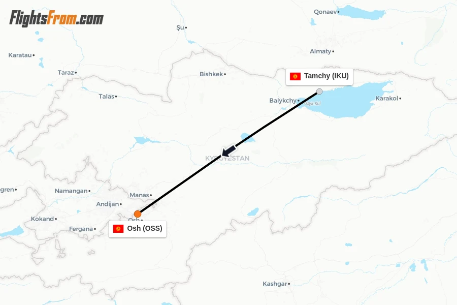 Flights from Tamchy to Osh route map