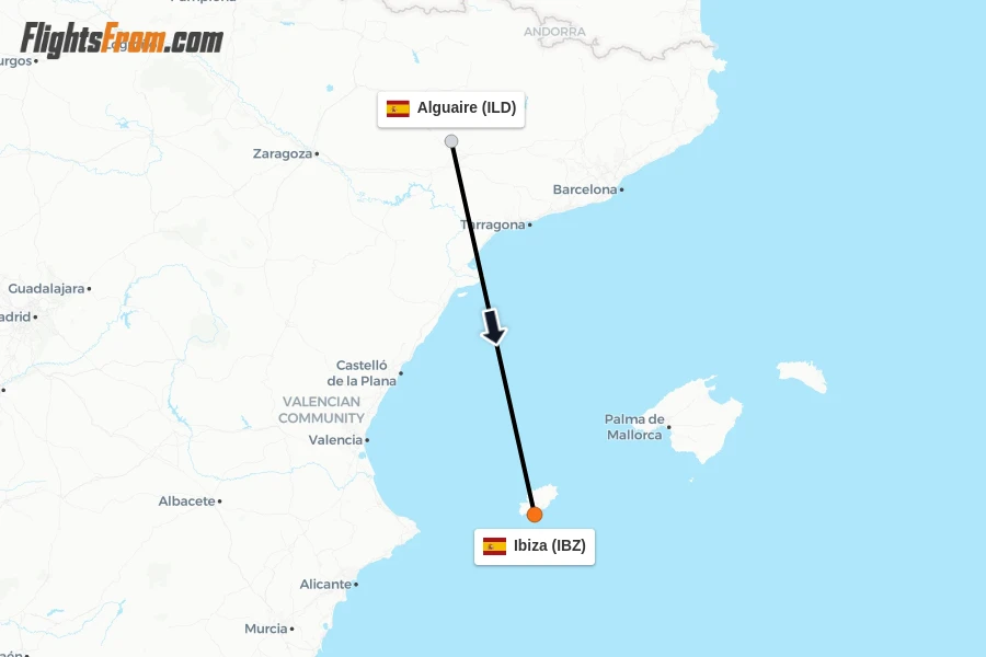 Flights from Alguaire to Ibiza route map
