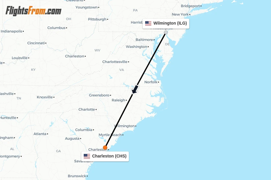 Flights from Wilmington to Charleston route map