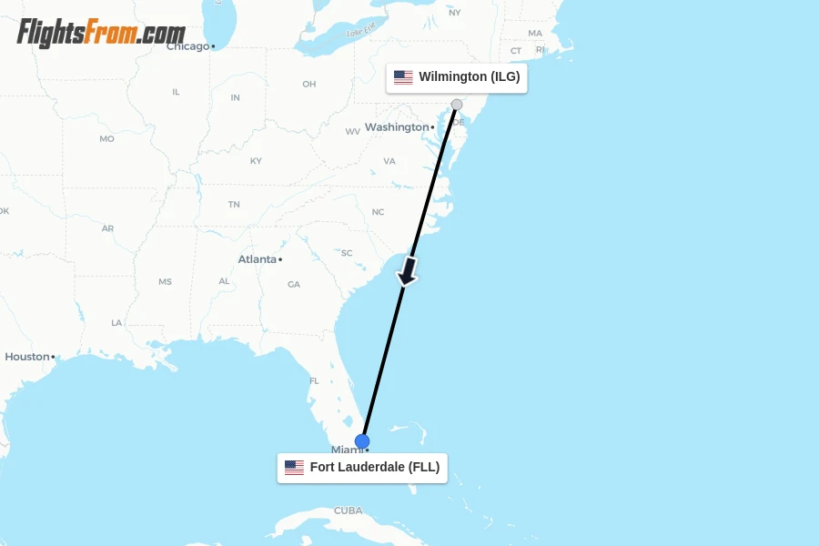 Flights from Wilmington to Fort Lauderdale route map