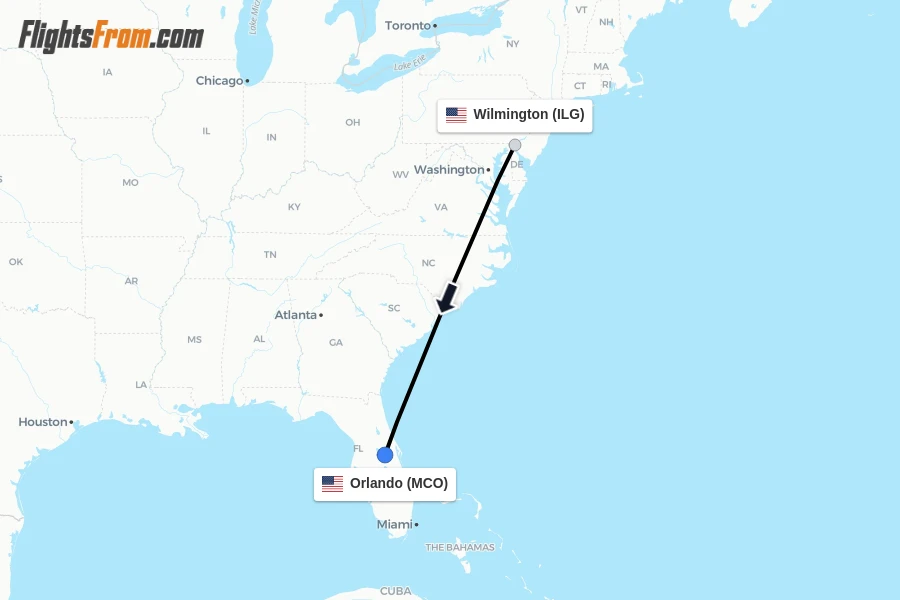 Flights from Wilmington to Orlando route map