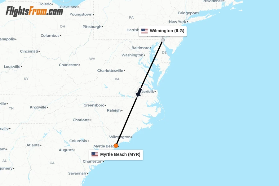 Flights from Wilmington to Myrtle Beach route map