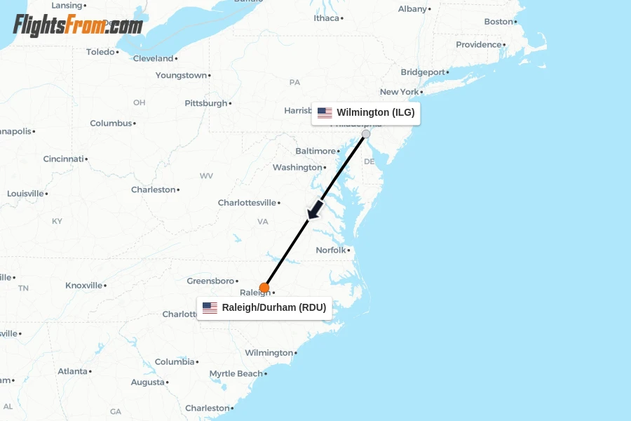 Flights from Wilmington to Raleigh/Durham route map
