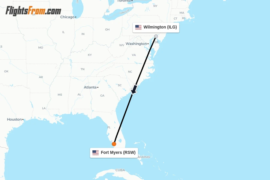 Flights from Wilmington to Fort Myers route map