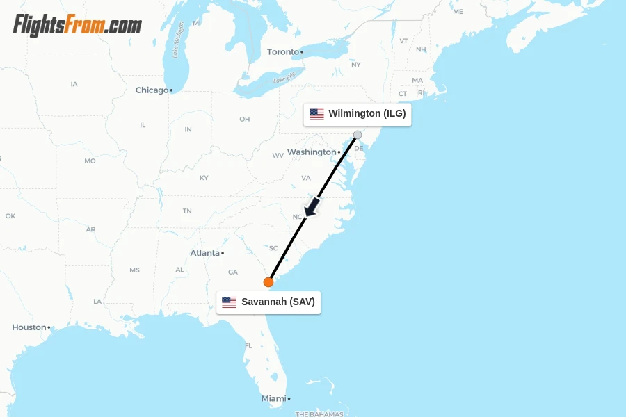 Flights from Wilmington to Savannah route map
