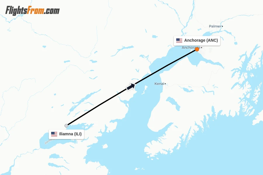 Flights from Iliamna to Anchorage route map