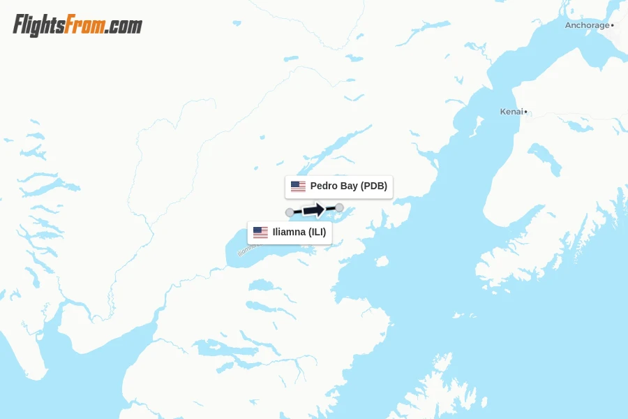 Flights from Iliamna to Pedro Bay route map