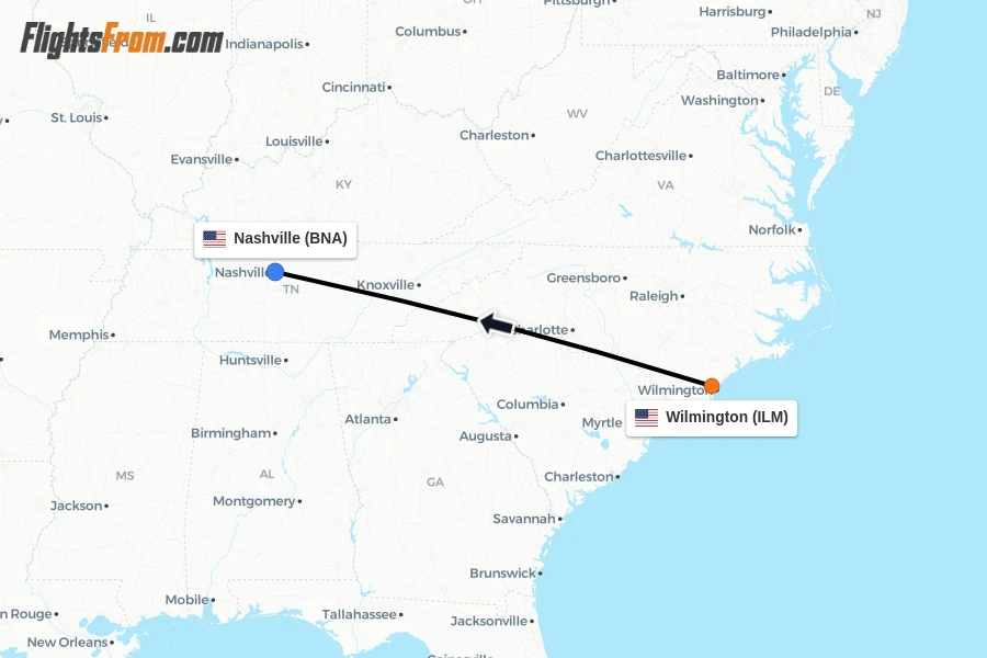 Flights from Wilmington to Nashville route map