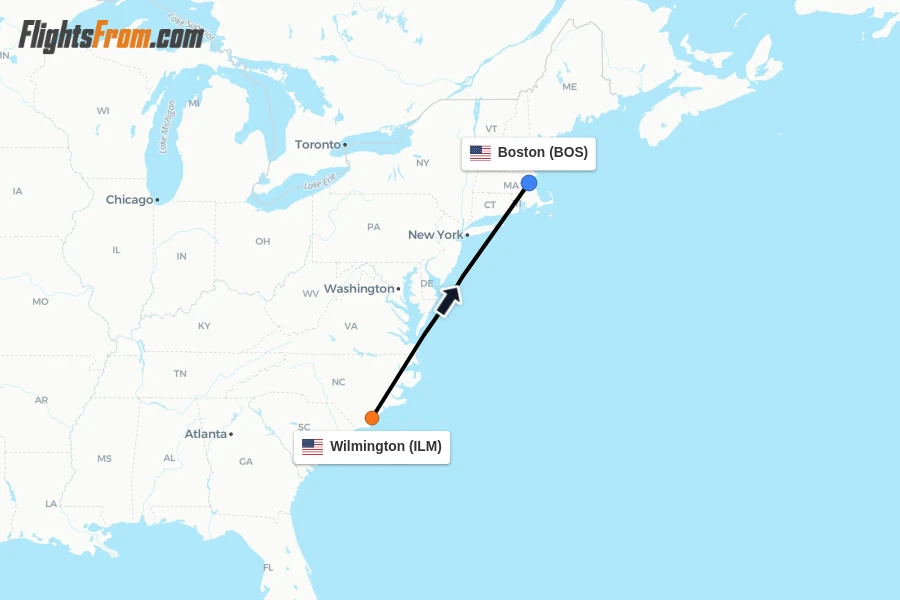 Flights from Wilmington to Boston route map