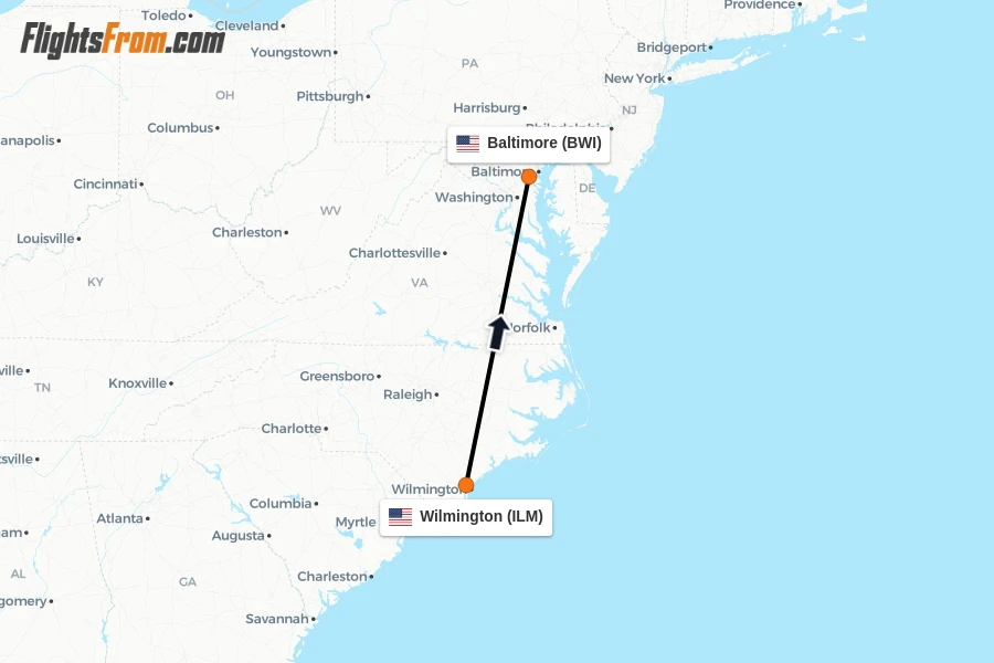 Flights from Wilmington to Baltimore route map