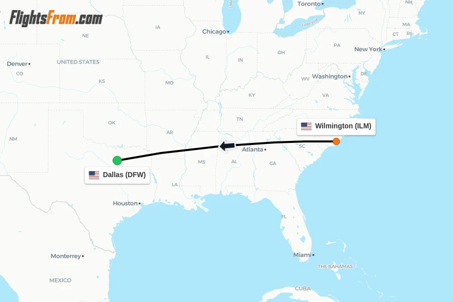 Flights from Wilmington to Dallas route map
