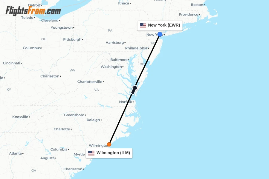 Flights from Wilmington to New York route map