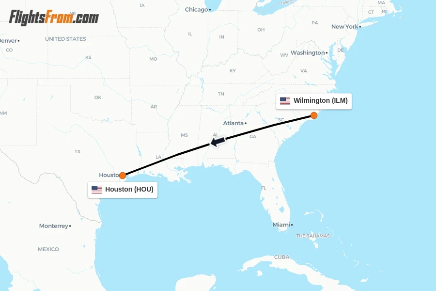 Flights from Wilmington to Houston route map