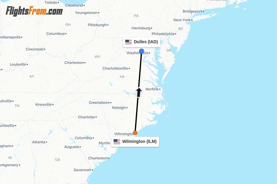 Flights from Wilmington to Dulles route map