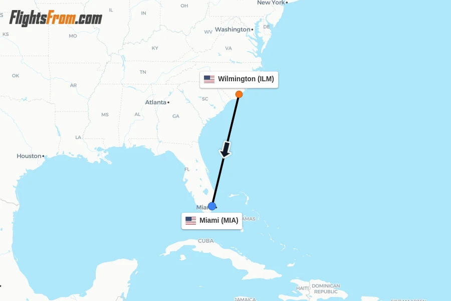 Flights from Wilmington to Miami route map