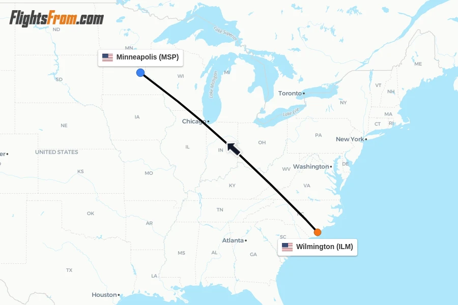 Flights from Wilmington to Minneapolis route map
