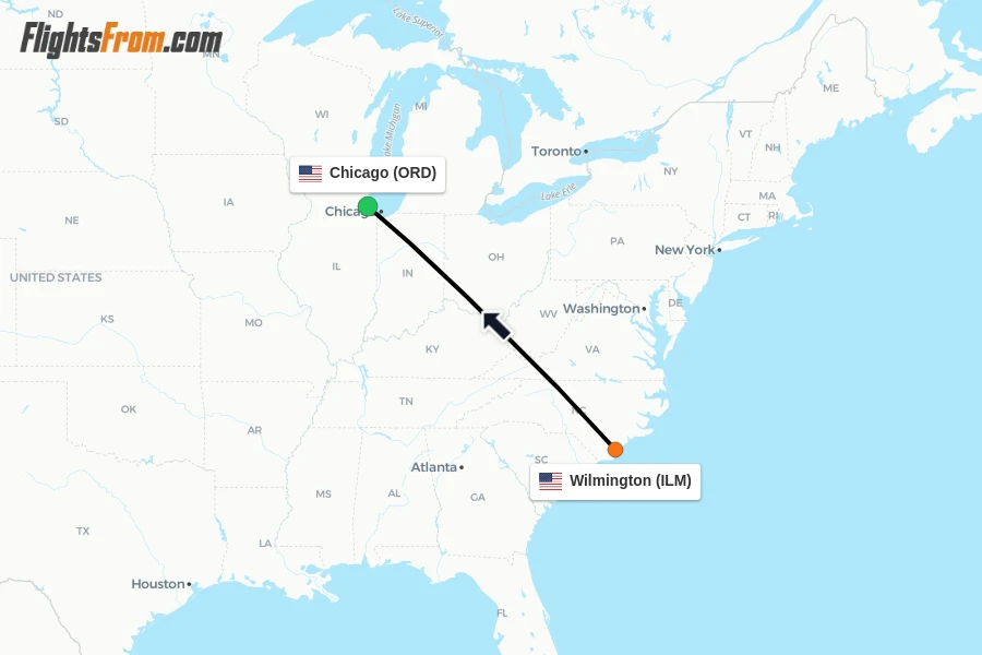 Flights from Wilmington to Chicago route map