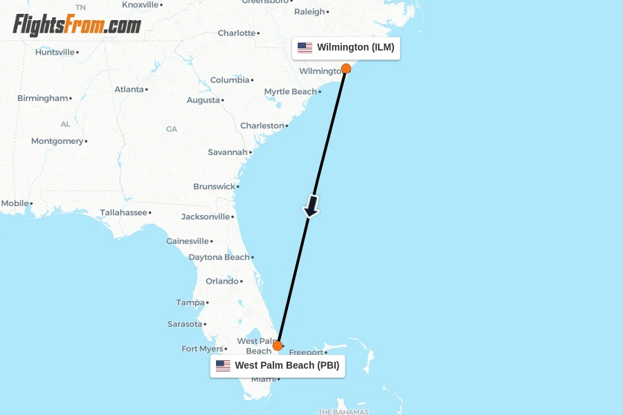 Flights from Wilmington to West Palm Beach route map