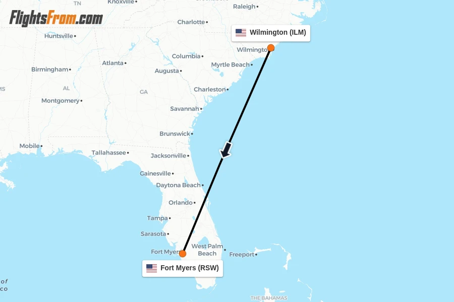 Flights from Wilmington to Fort Myers route map