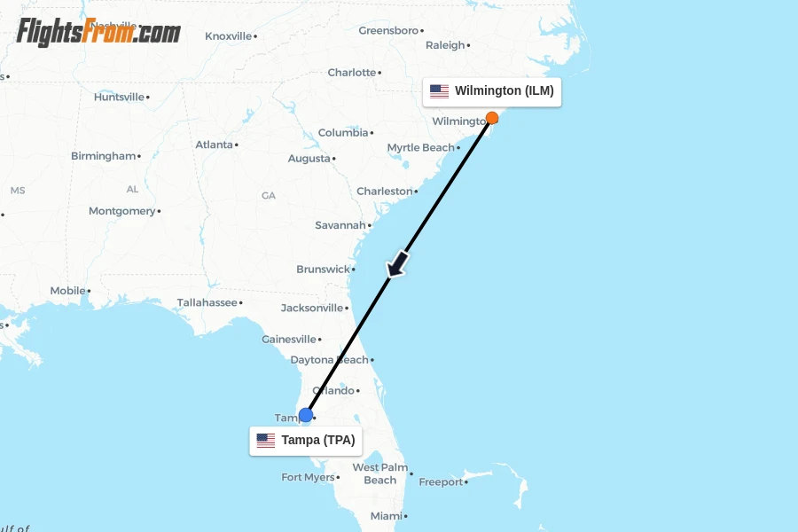 Flights from Wilmington to Tampa route map