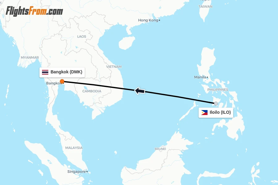 Flights from Iloilo to Bangkok route map