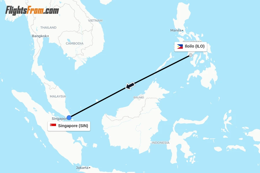 Flights from Iloilo to Singapore route map