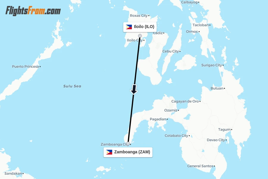 Flights from Iloilo to Zamboanga route map