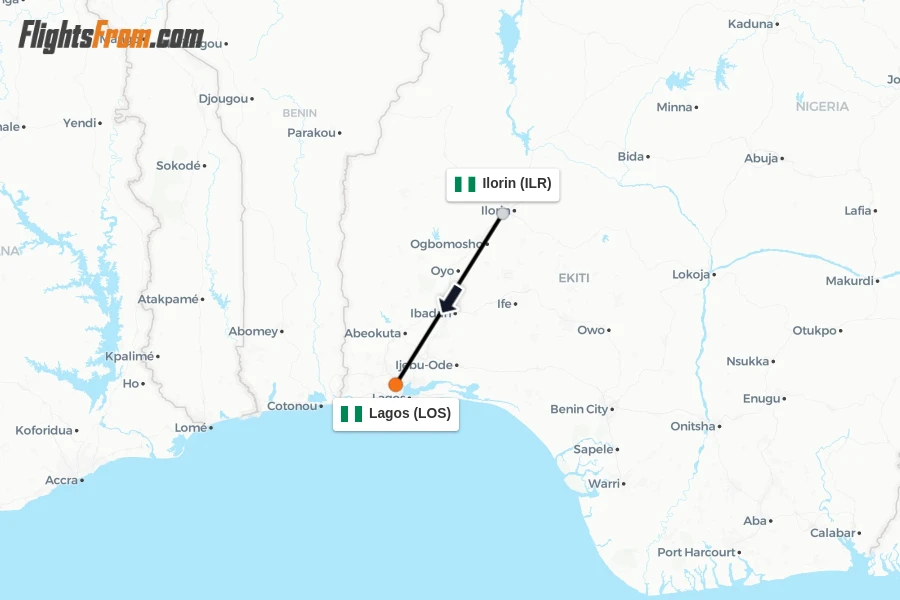 Flights from Ilorin to Lagos route map