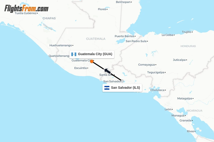 Flights from San Salvador to Guatemala City route map