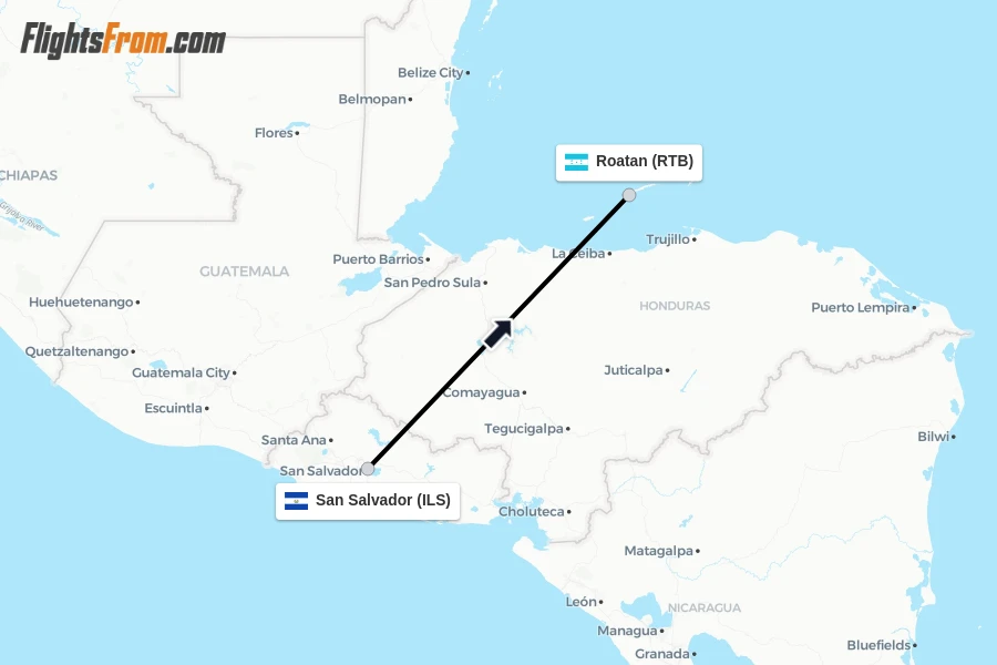 Flights from San Salvador to Roatan route map