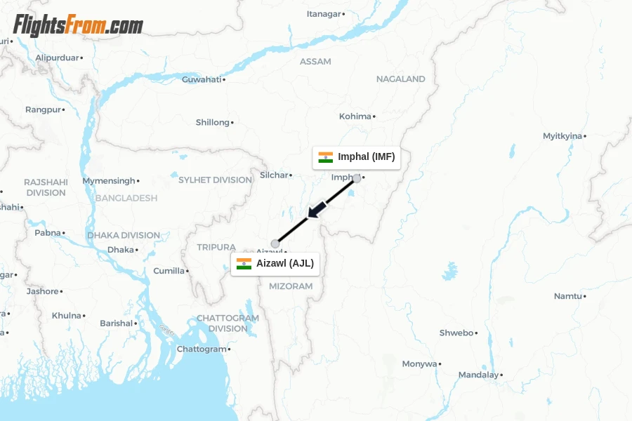 Flights from Imphal to Aizawl route map