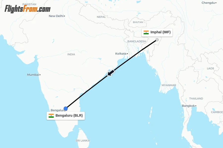 Flights from Imphal to Bengaluru route map
