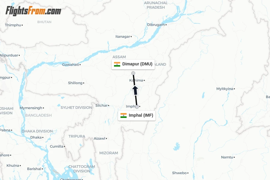 Flights from Imphal to Dimapur route map