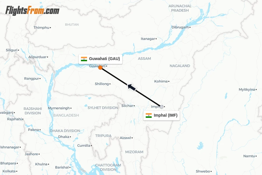 Flights from Imphal to Guwahati route map