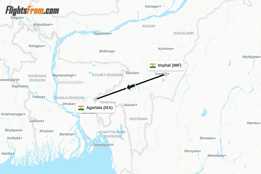 Flights from Imphal to Agartala route map