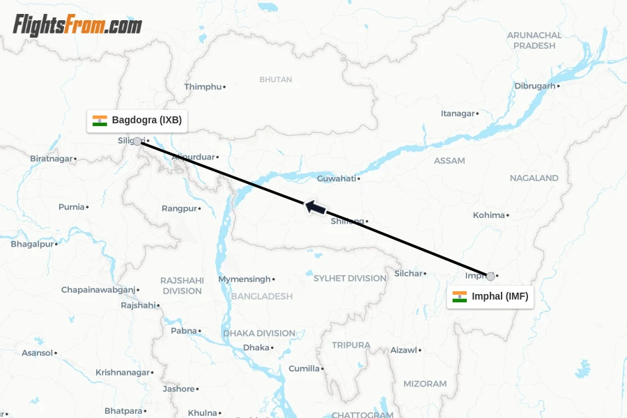Flights from Imphal to Bagdogra route map