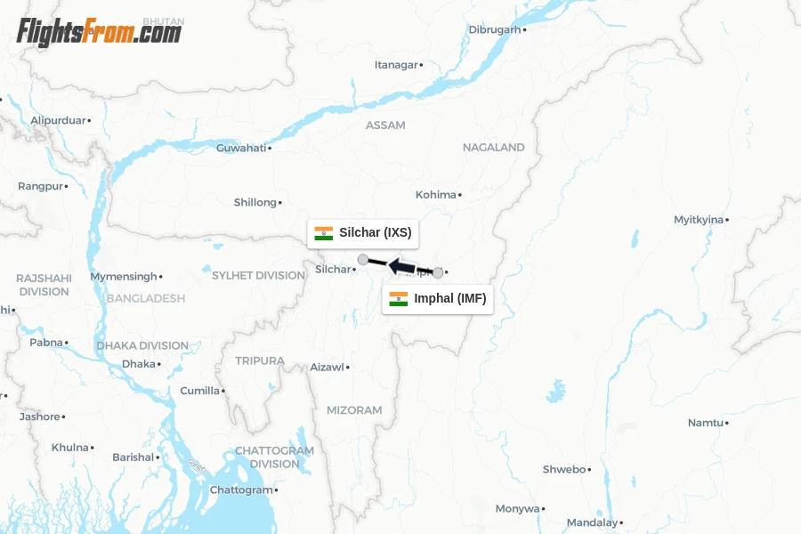 Flights from Imphal to Silchar route map