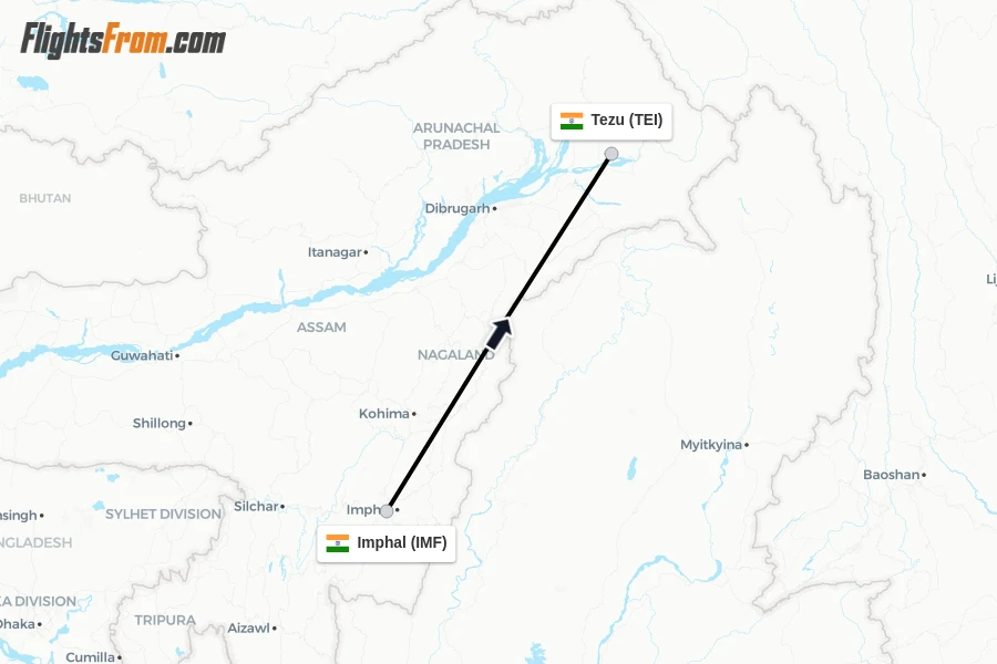 Flights from Imphal to Tezu route map