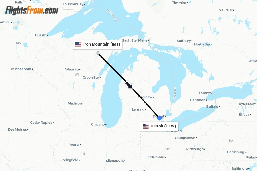Flights from Iron Mountain to Detroit route map
