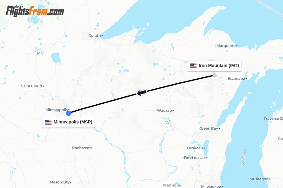 Flights from Iron Mountain to Minneapolis route map