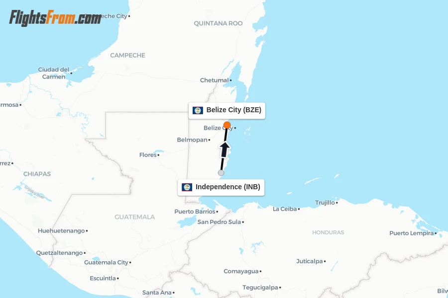 Flights from Independence to Belize City route map