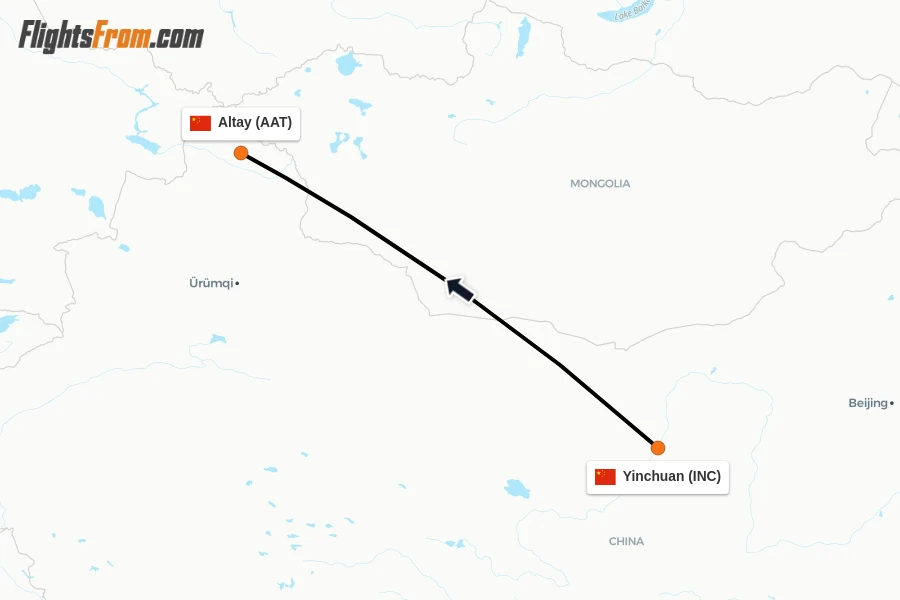 Flights from Yinchuan to Altay route map