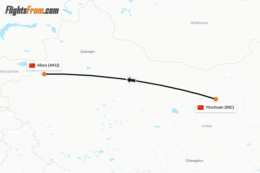 Flights from Yinchuan to Aksu route map